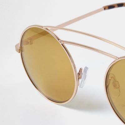 Gold double brow bar round sunglasses